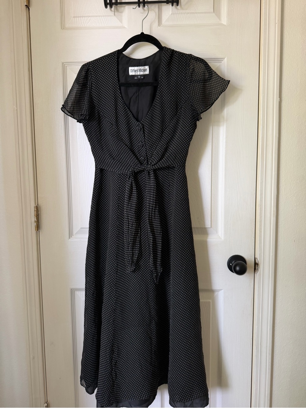Clifford Michael Black Polka Dot Midi Dress with Tie Waist
